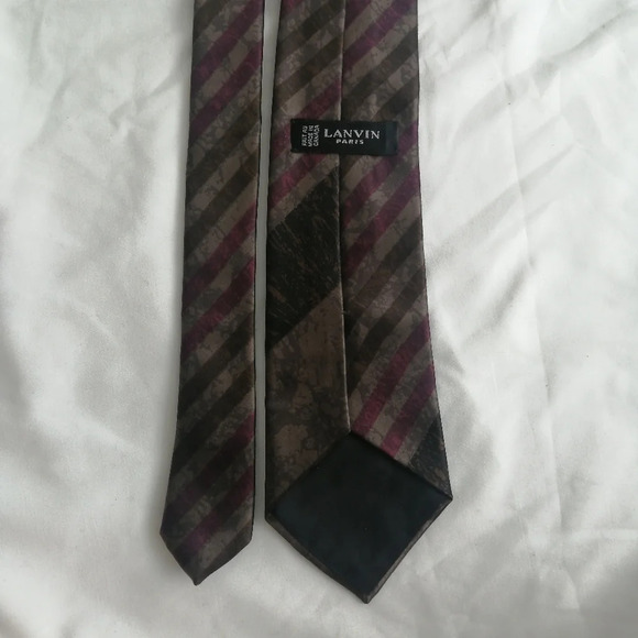 Lanvin Paris 100% Silk Striped Tie in Brown, Tan, Purple, and Black - Picture 7 of 14